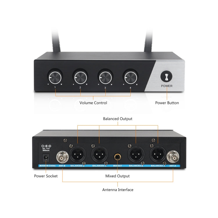 XTUGA S400 Sistema microfonico wireless UHF professionale a 4 canali con 4 microfoni palmari, US Plug, EU Plug, AU Plug, UK Plug