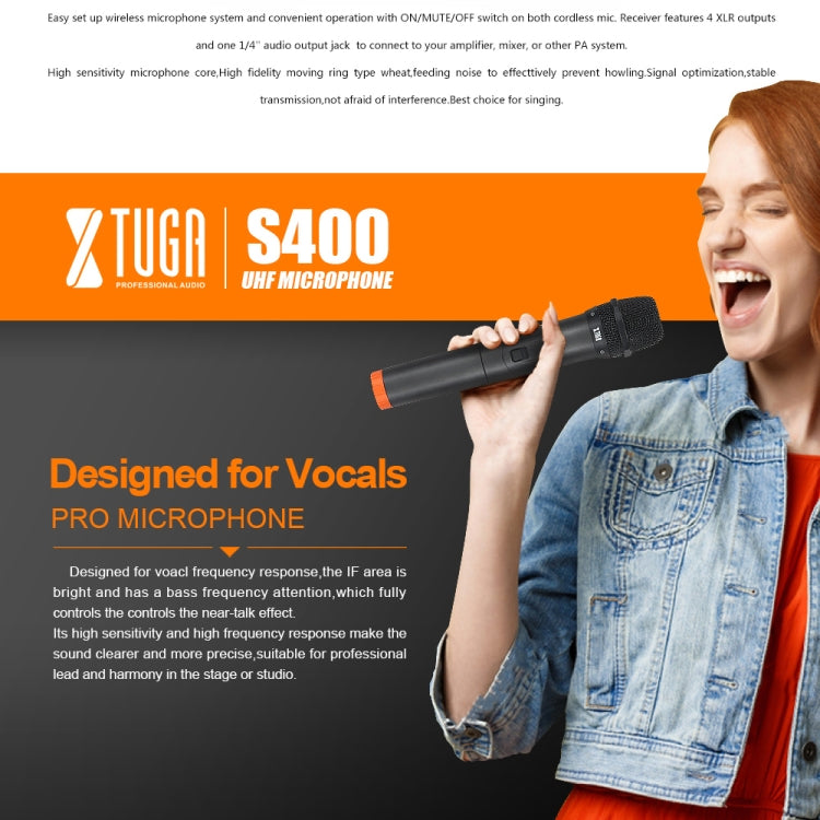 XTUGA S400 Sistema microfonico wireless UHF professionale a 4 canali con 4 microfoni palmari, US Plug, EU Plug, AU Plug, UK Plug
