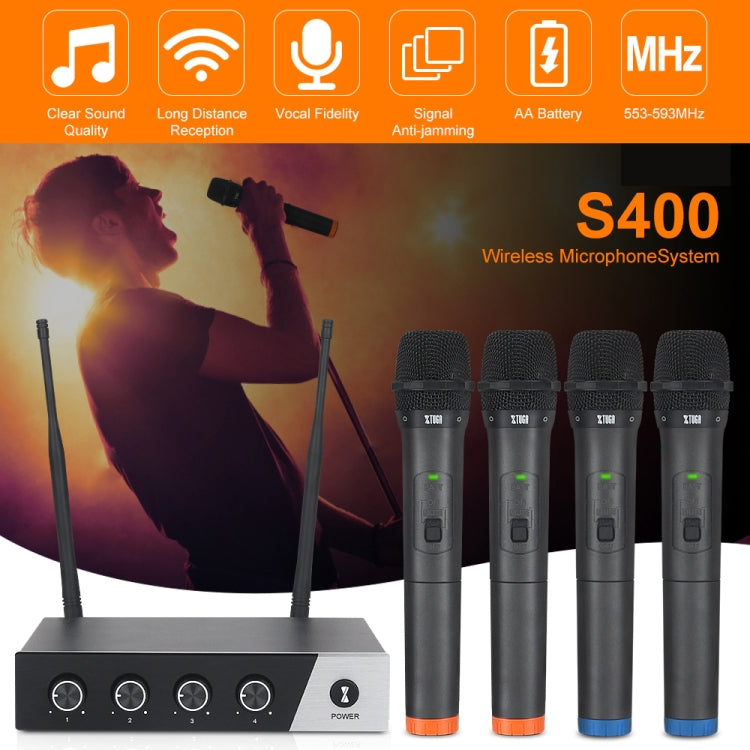 XTUGA S400 Sistema microfonico wireless UHF professionale a 4 canali con 4 microfoni palmari, US Plug, EU Plug, AU Plug, UK Plug