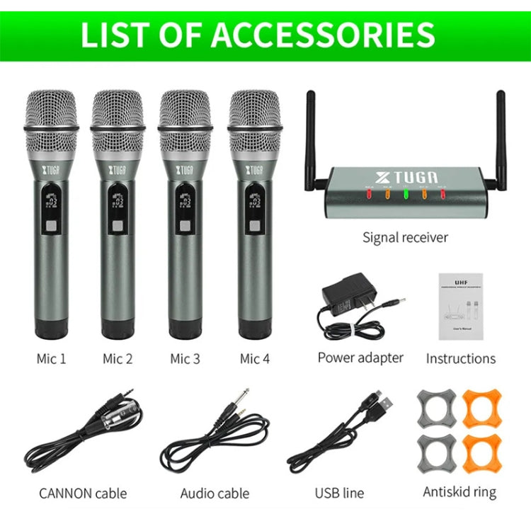 XTUGA U-F4600 Sistema microfonico wireless UHF professionale a 4 canali con 4 microfoni palmari, US Plug, EU Plug, AU Plug, UK Plug