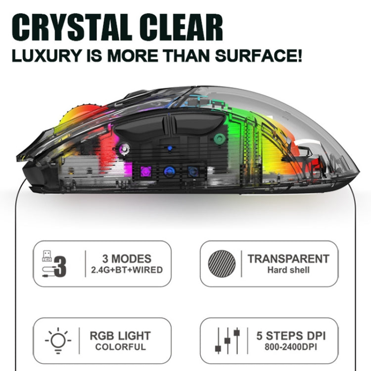 XUNFOX XYH20RGB 2.4G + BT + mouse da gioco cablato trasparente 2400 DPI RGB leggero, 2.4G + BT + Wired
