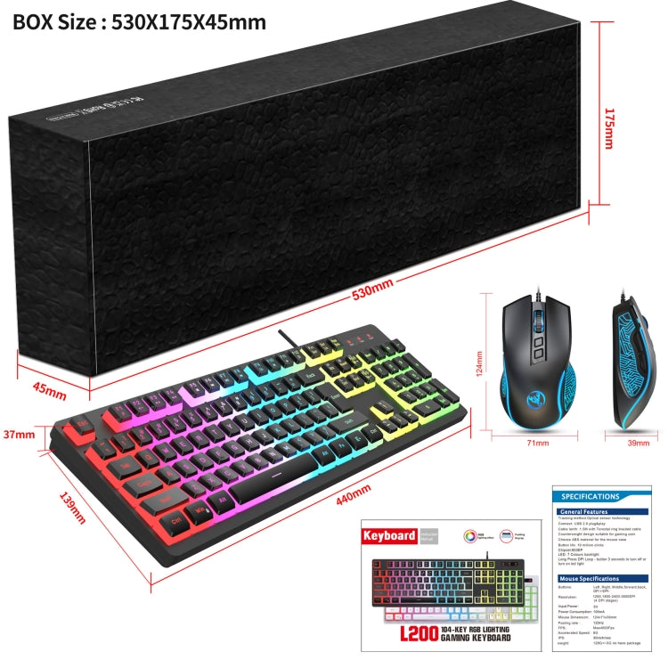 HXSJ L200+X100 set tastiera e mouse retroilluminati RGB cablati 104 copritasti Pudding + mouse 3600 DPI, L200+X100