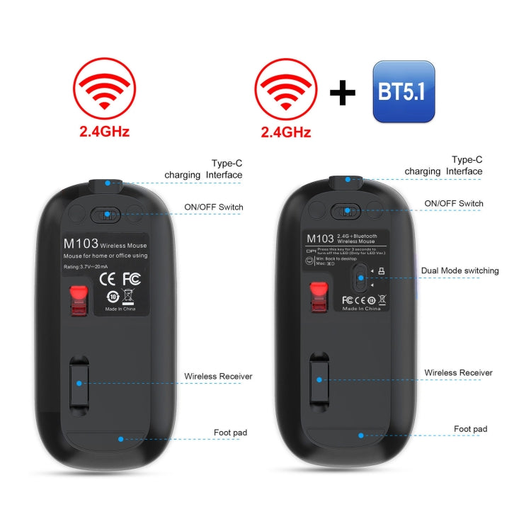 HXSJ M103 1600 DPI UV Dual Mode 2,4 GHz + Bluetooth 5.1 Mouse ricaricabile wireless, Dual Mode UV Black