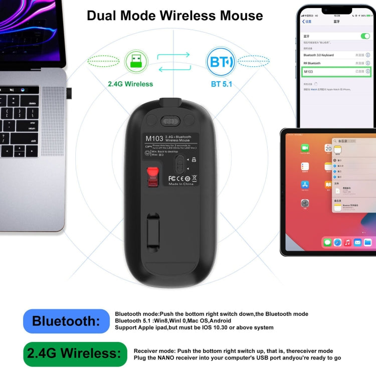 HXSJ M103 1600 DPI UV Dual Mode 2,4 GHz + Bluetooth 5.1 Mouse ricaricabile wireless, Dual Mode UV Black
