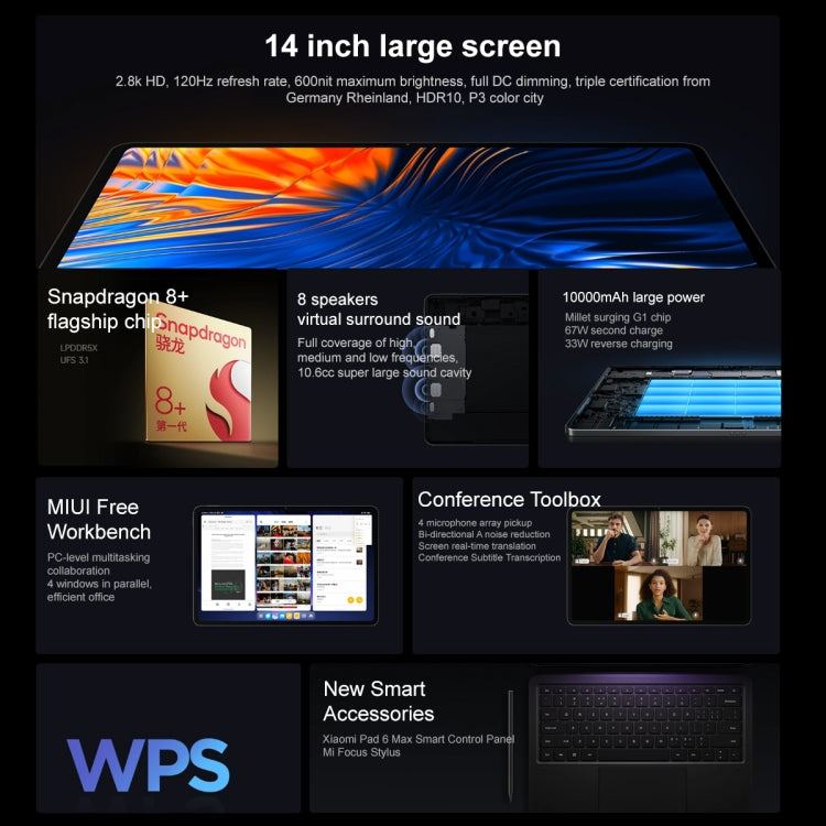 Xiaomi Pad 6 Max 14 pollici, sistema operativo MIUI 14 Qualcomm Snapdragon 8+ 4nm Octa Core, batteria 10000mAh, 8GB+256GB, 12GB+256GB, 12GB+512GB, 16GB+1TB