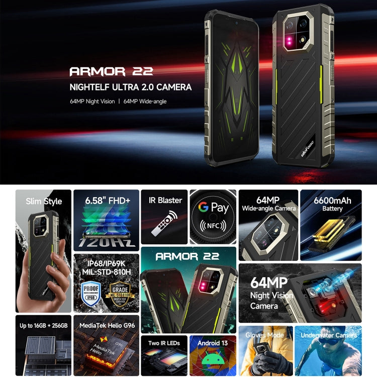 Ulefone Armor 22, telefono robusto IP68/IP69K, Android 13 MediaTek Helio G96 Octa Core da 6,58 pollici, Rete: 4G, NFC, OTG, 8GB+128GB, 8GB+256GB