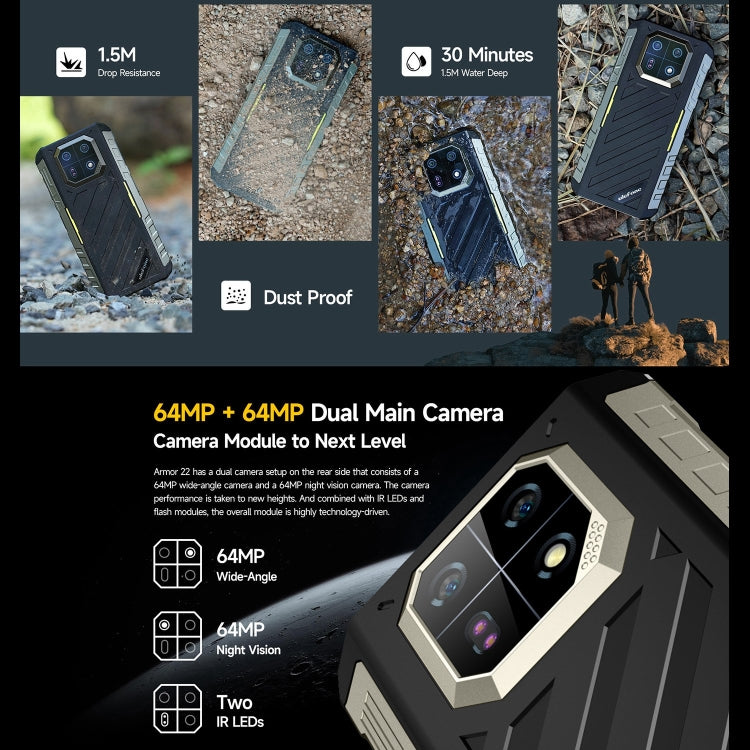 Ulefone Armor 22, telefono robusto IP68/IP69K, Android 13 MediaTek Helio G96 Octa Core da 6,58 pollici, Rete: 4G, NFC, OTG, 8GB+128GB, 8GB+256GB