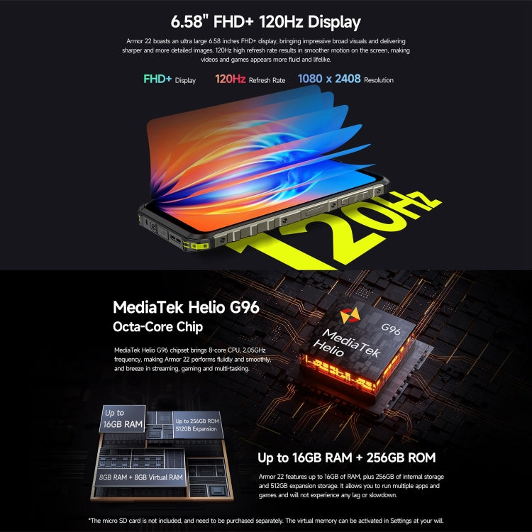 Ulefone Armor 22, telefono robusto IP68/IP69K, Android 13 MediaTek Helio G96 Octa Core da 6,58 pollici, Rete: 4G, NFC, OTG, 8GB+128GB, 8GB+256GB