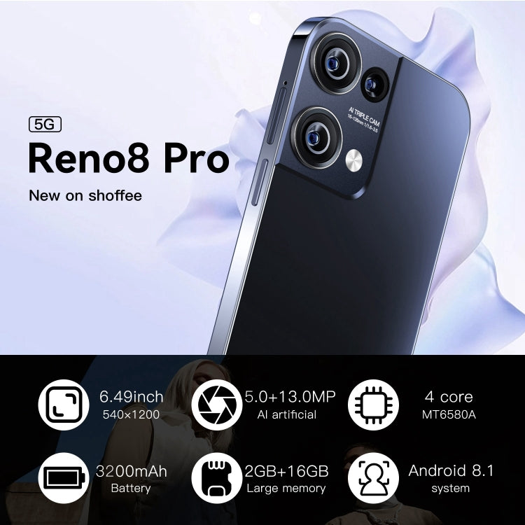 Reno8 Pro / B55, schermo da 6,49 pollici, identificazione facciale, Android 8.1 MTK6580A Quad Core, rete: 3G, OTG, doppia SIM, Reno8 Pro / B55 2GB+16GB