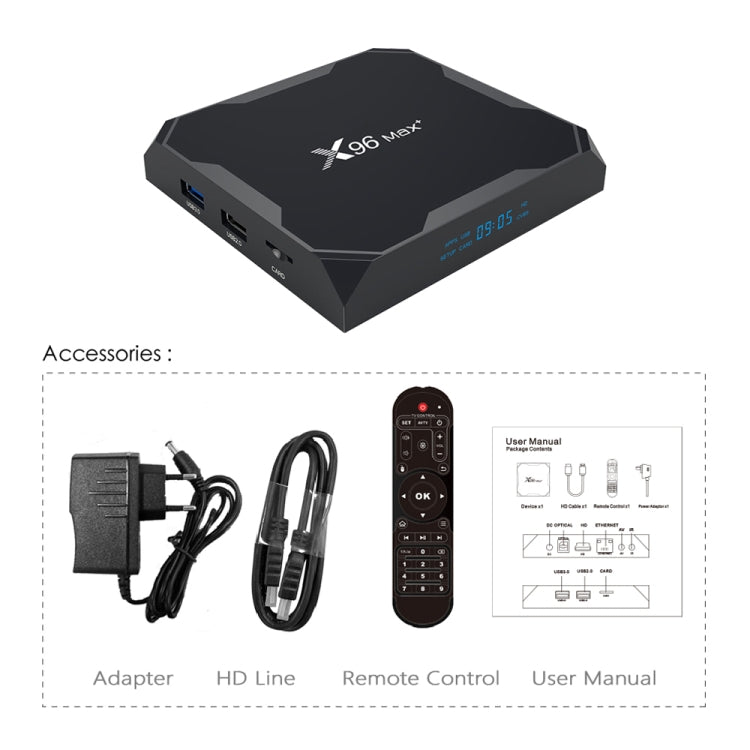 X96 max+ 4K Smart TV Box, Android 9.0, Amlogic S905X3 Quad-Core Cortex-A55,4GB+64GB, Supporto LAN, AV, WiFi 2.4G/5G, USBx2, Scheda TF,, EU Plug, US Plug, UK Plug, AU Plug
