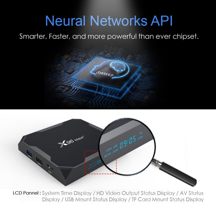 X96 max+ 4K Smart TV Box, Android 9.0, Amlogic S905X3 Quad-Core Cortex-A55,4GB+64GB, Supporto LAN, AV, WiFi 2.4G/5G, USBx2, Scheda TF,, EU Plug, US Plug, UK Plug, AU Plug