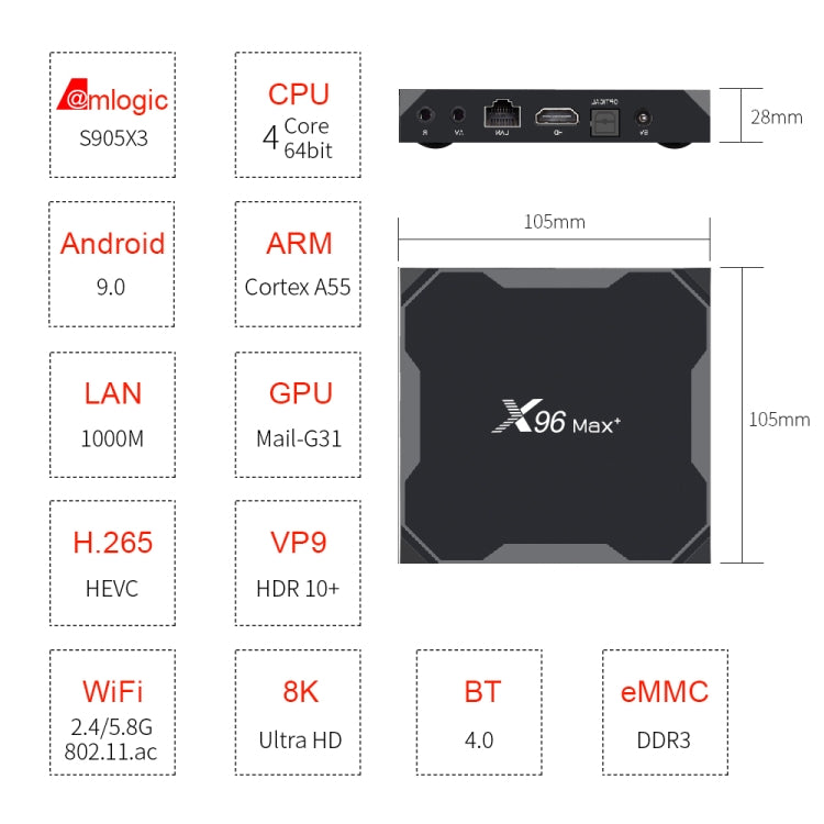 X96 max+ 4K Smart TV Box, Android 9.0, Amlogic S905X3 Quad-Core Cortex-A55,4GB+64GB, Supporto LAN, AV, WiFi 2.4G/5G, USBx2, Scheda TF,, EU Plug, US Plug, UK Plug, AU Plug