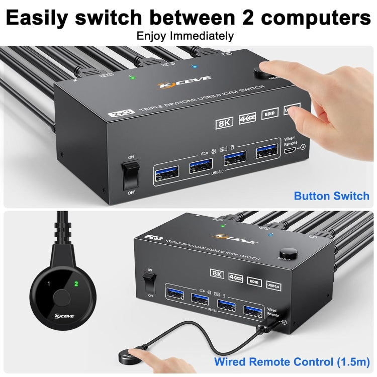 KC-KVM203DH Switch KVM per monitor tripli USB 3.0 DP+DP+HDMI 8K 30Hz, KC-KVM203DH