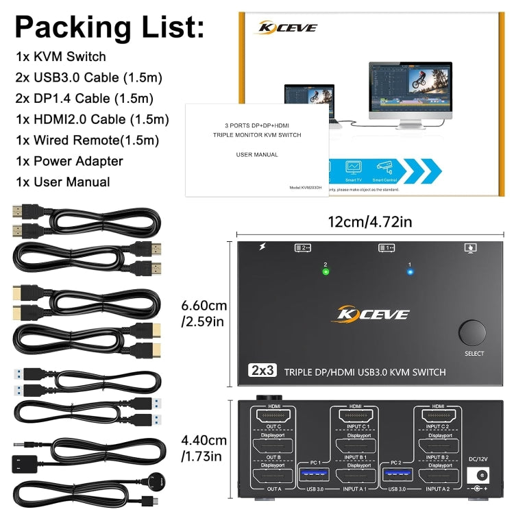 KC-KVM203DH Switch KVM per monitor tripli USB 3.0 DP+DP+HDMI 8K 30Hz, KC-KVM203DH