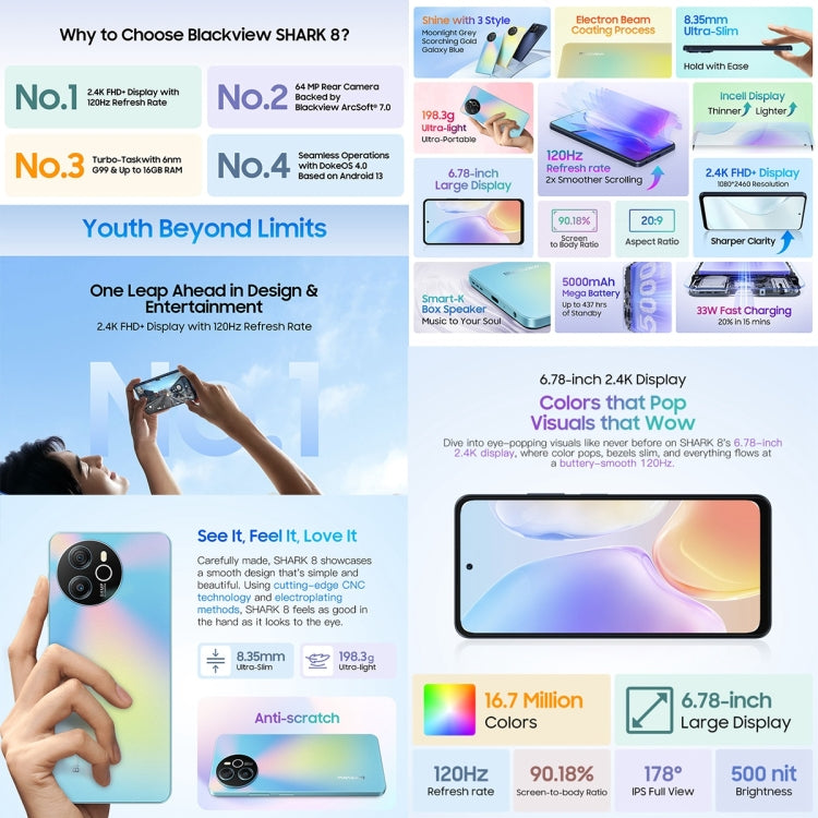 Blackview SHARK 8, Identificazione delle impronte digitali, 6,78 pollici Android 13 MTK6789 Helio G99 Octa Core fino a 2,2 GHz, Rete: 4G, OTG, 8GB+128GB, 8GB+256GB