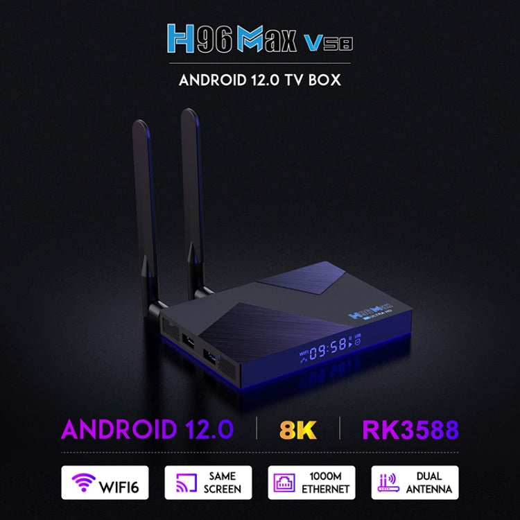 Smart TV Box Android 12.0 H96 Max V58, Cortex-A76 quad-core e Cortex-A55 quad-core, 4GB+32GB, 8GB+64GB
