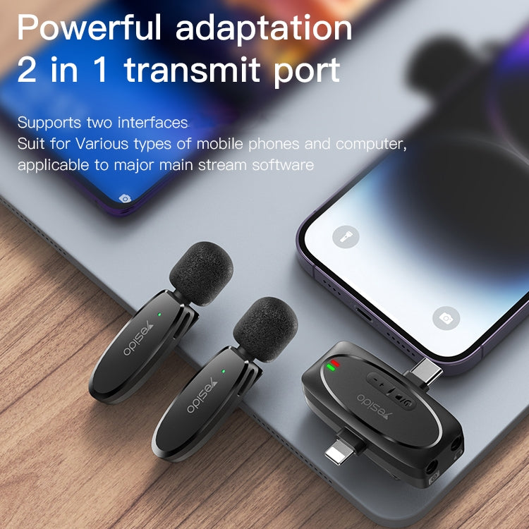 YESIDO KR15 Doppio microfono lavalier wireless a bassa latenza con ricevitore 3 in 1, KR15