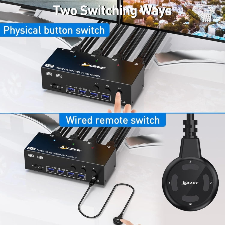 KC-KVM303DH Switch KVM per monitor tripli USB 3.0 DP+DP+HDMI 8K 60Hz, EU Plug, US Plug
