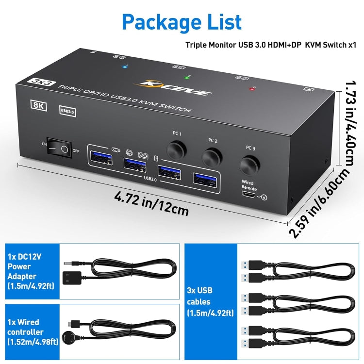 KC-KVM303DH Switch KVM per monitor tripli USB 3.0 DP+DP+HDMI 8K 60Hz, EU Plug, US Plug