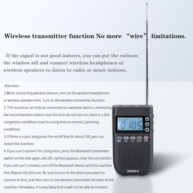 QINGLV QL-518 Trasmettitore radio Bluetooth portatile Supporto FM / AM / MP3