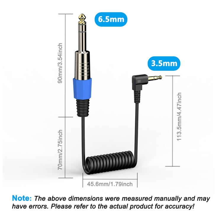 Cavo audio a spirale per altoparlante per chitarra da 6,35 mm, lunghezza: 0,5 m, 6.5mm to 3.5mm Elbow