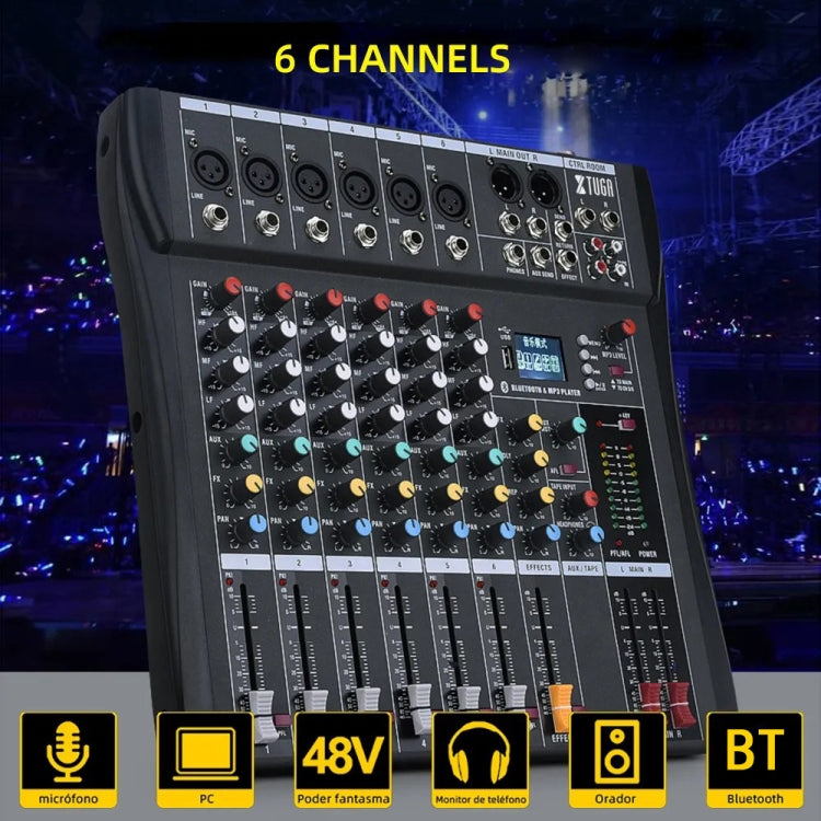 XTUGA CT60X Mixer audio a 6 canali, console di mixaggio per DJ con alimentazione a 48 V, CT60X