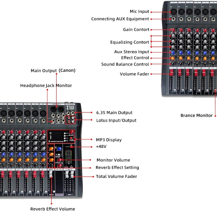 XTUGA CT60X Mixer audio a 6 canali, console di mixaggio per DJ con alimentazione a 48 V, CT60X
