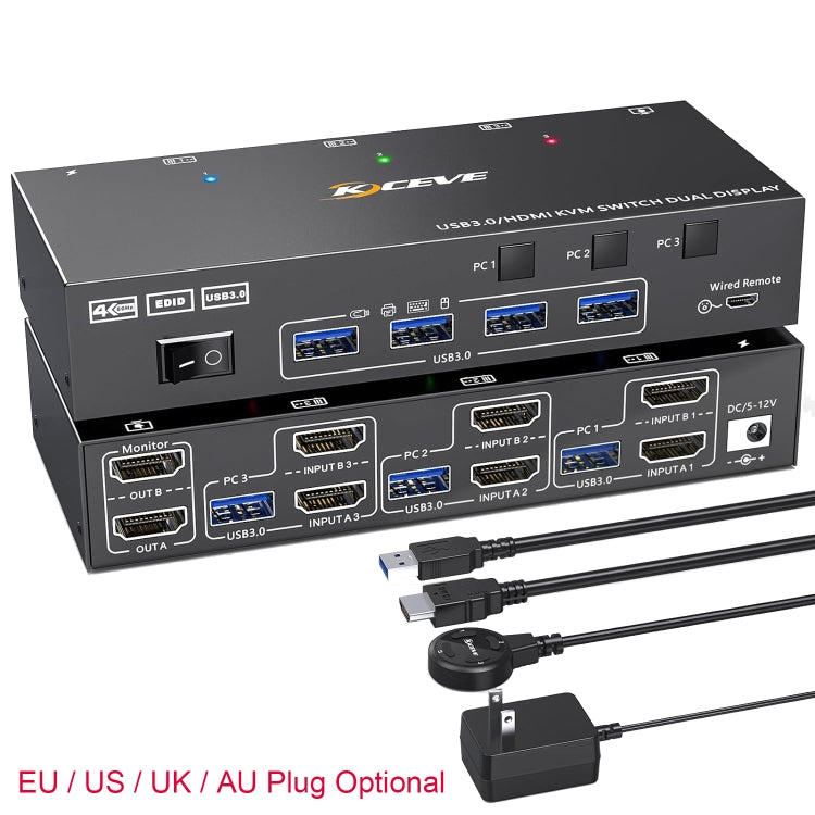 KC-KVM302AS 4K 60Hz USB3.0 / HDMI Doppio Monitor KVM Switch, US Plug, UK Plug, AU Plug