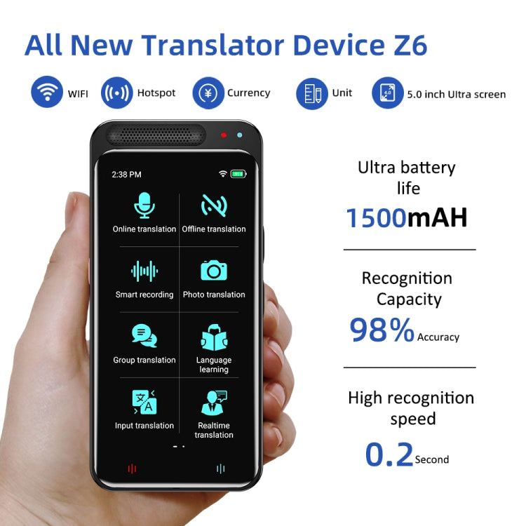 VORMOR Z6 5.0 pollici HD Touch Screen Traduttore intelligente AI 139 lingue con traduzione offline / traduzione di foto