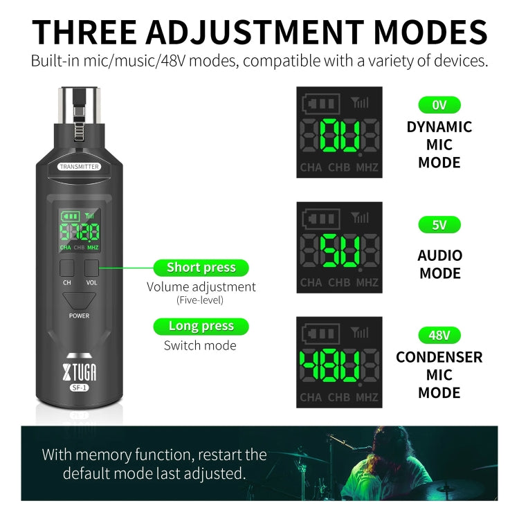 XTUGA SF-1 Trasmettitore e ricevitore XLR wireless Adattatore wireless UHF per microfono cablato / chitarra, SF-1