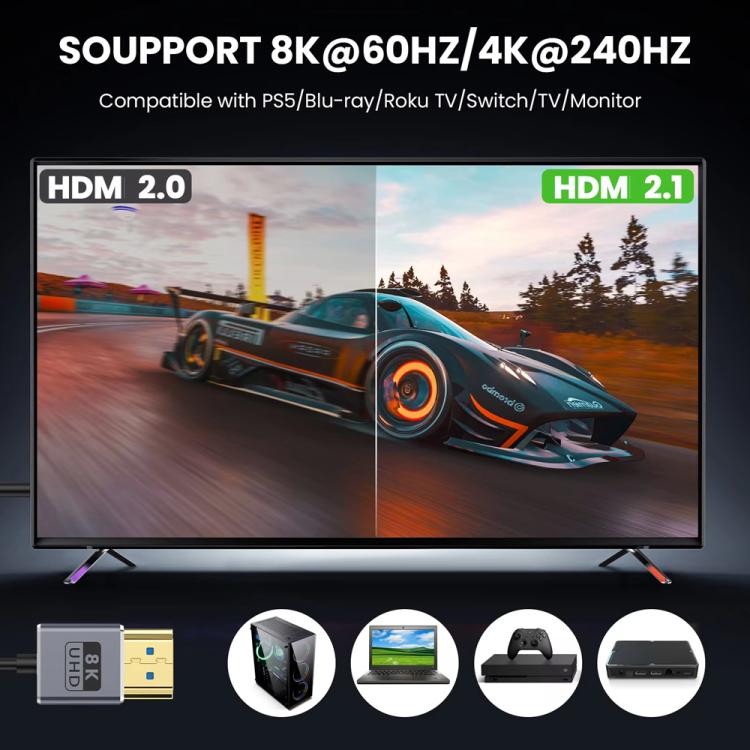 Cavo HDMI 2.1 coassiale a spirale da 0,7 m 8K 48 Gbps, Straight to Straight, Upward Bend, Downward Bend, Right Bend, Left Bend