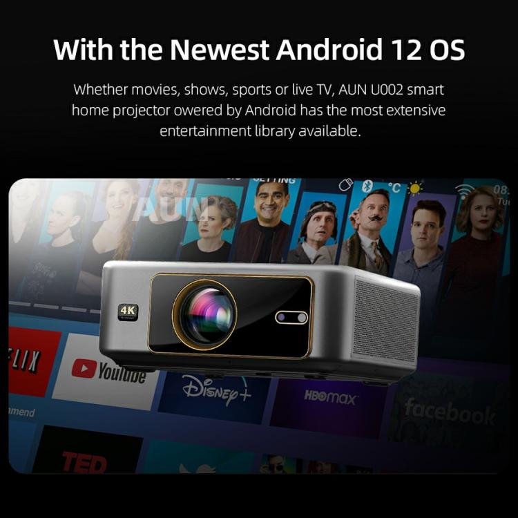 AUN U002 1920x1080P 970ANSI Android 12 Proiettore Smart Home Theater, US Plug, UK Plug, AU Plug, EU Plug