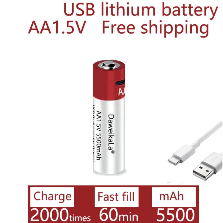 Batteria agli ioni di litio ricaricabile tramite USB AA da 5500 mAh e 1,5 V