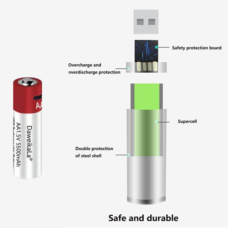 Batteria agli ioni di litio ricaricabile tramite USB AA da 5500 mAh e 1,5 V