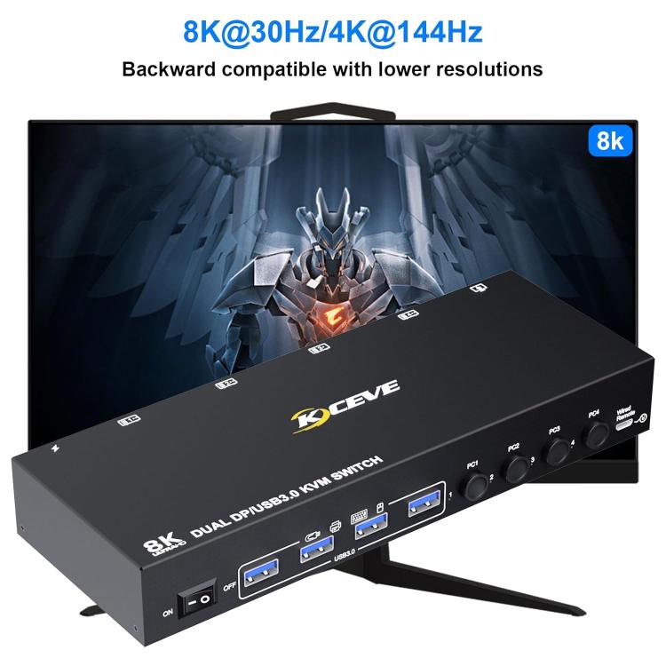 KC-KVM402DP 8K 30Hz 4 ingressi 2 uscite DP / USB3.0 Switch KVM per doppio monitor, US Plug, EU Plug, UK Plug, AU Plug