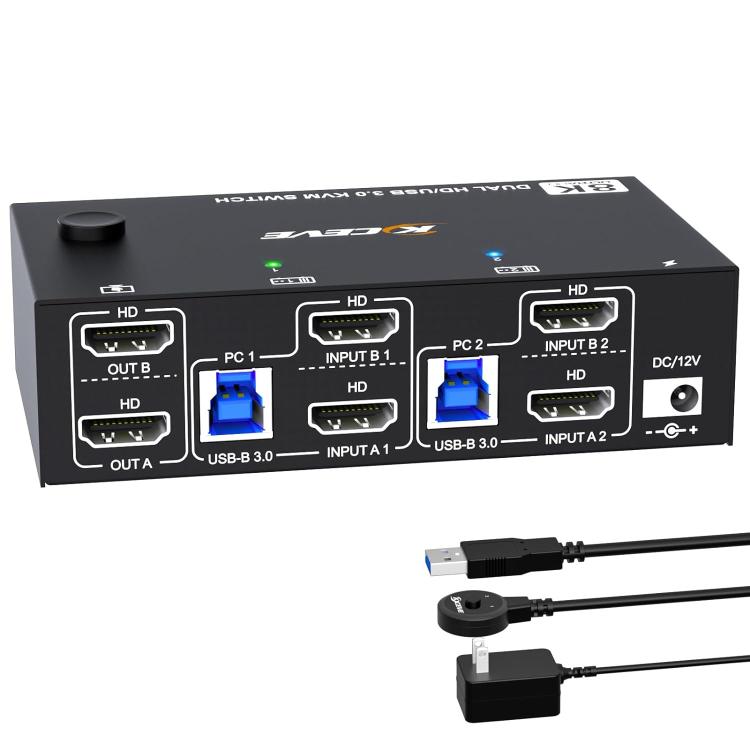 KC-KVM8202 Switch KVM doppio monitor USB3.0/HDMI a 2 porte 8K 60Hz, US Plug, EU Plug, UK Plug, AU Plug