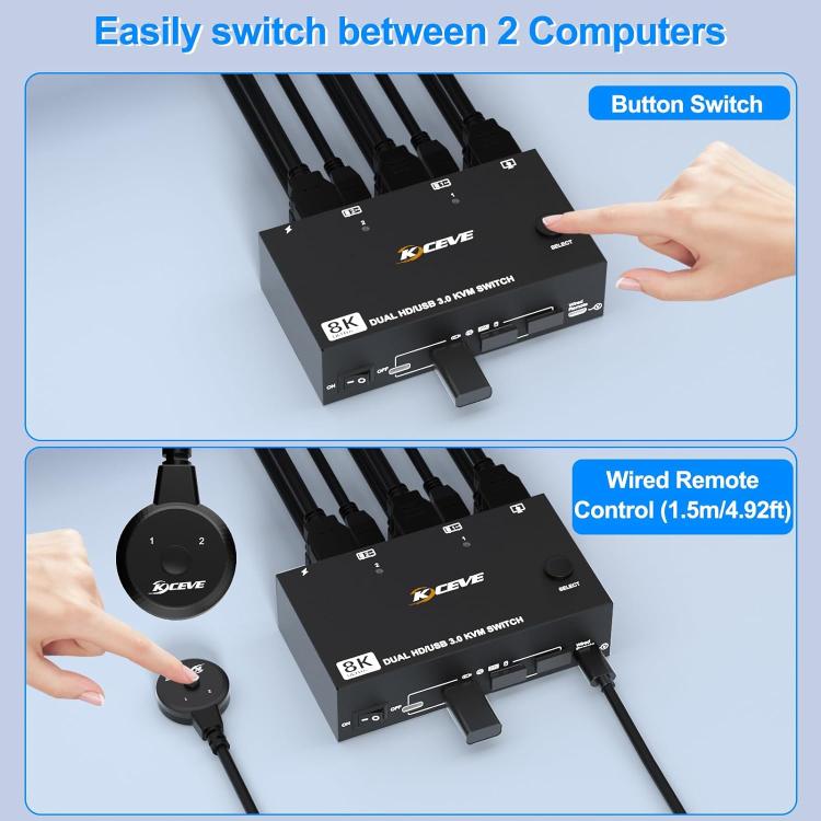 KC-KVM8202 Switch KVM doppio monitor USB3.0/HDMI a 2 porte 8K 60Hz, US Plug, EU Plug, UK Plug, AU Plug