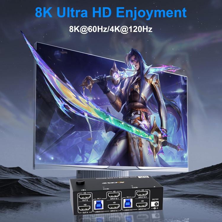 KC-KVM8202 Switch KVM doppio monitor USB3.0/HDMI a 2 porte 8K 60Hz, US Plug, EU Plug, UK Plug, AU Plug