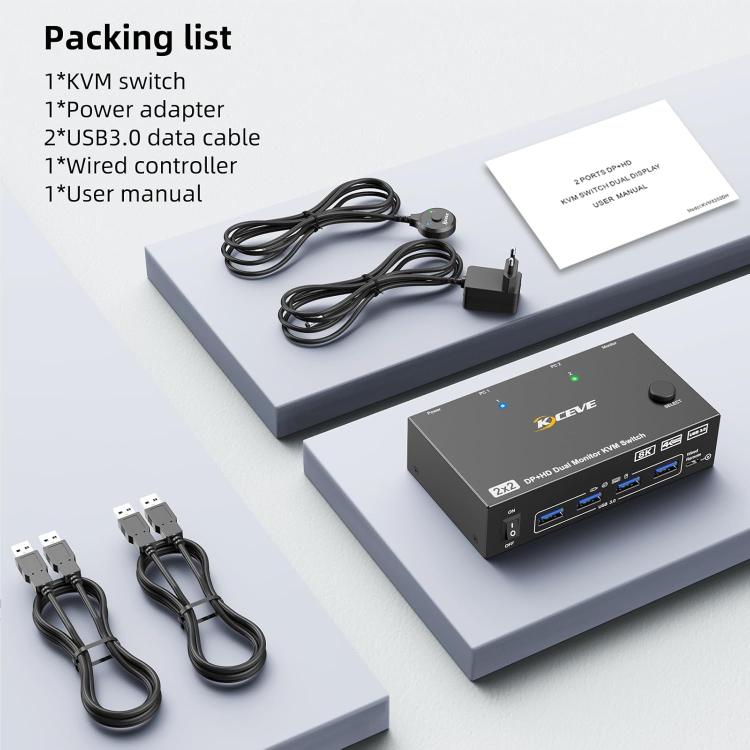 KC-KVM8202DH Switch KVM per doppio monitor HDMI e DP e USB3.0 8K 60Hz, US Plug, EU Plug, UK Plug, AU Plug