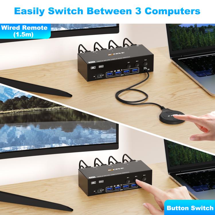 KCEVE KC-KVM302DH 8K 60Hz HDMI and DP and USB3.0 Dual Monitor KVM Switch, US Plug, EU Plug, UK Plug, AU Plug