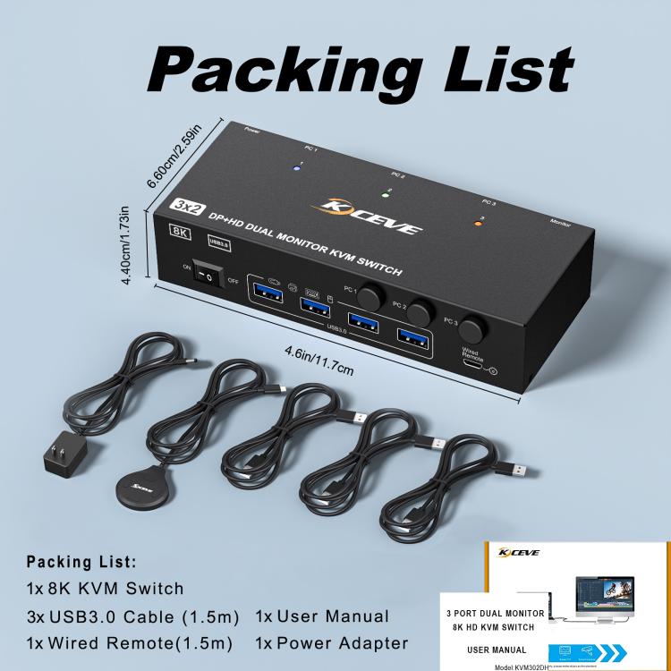 KCEVE KC-KVM302DH 8K 60Hz HDMI and DP and USB3.0 Dual Monitor KVM Switch, US Plug, EU Plug, UK Plug, AU Plug