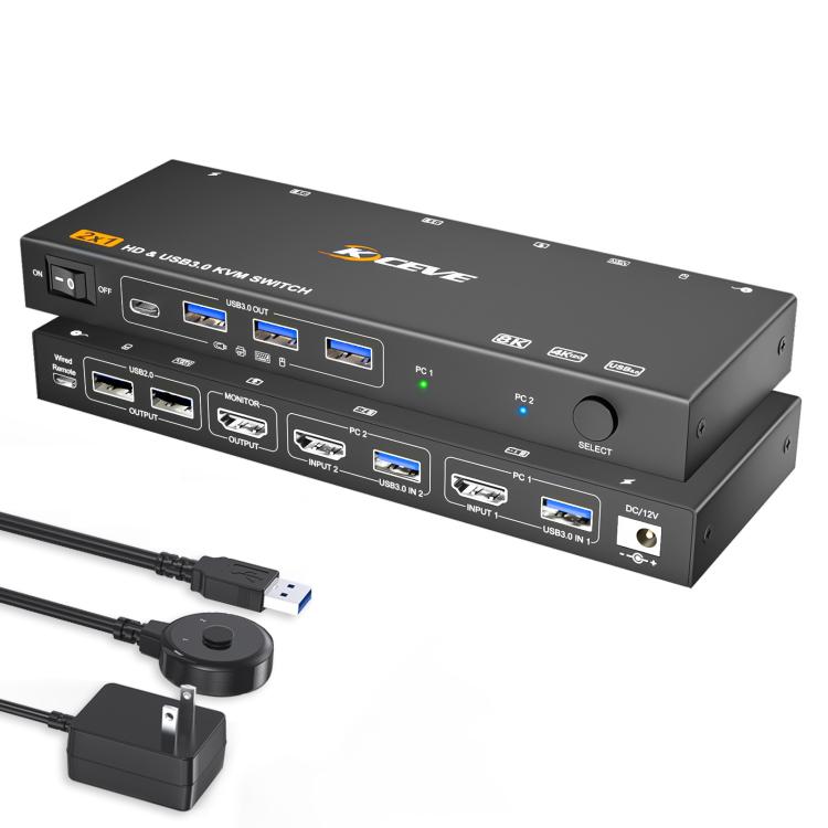 KCEVE KC-KVM9201 8K 60Hz HDMI and USB3.0 Monitor KVM Switch, US Plug, EU Plug, UK Plug, AU Plug