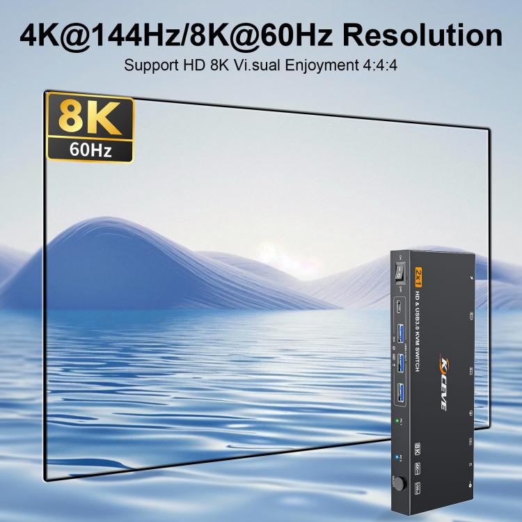 KCEVE KC-KVM9201 8K 60Hz HDMI and USB3.0 Monitor KVM Switch, US Plug, EU Plug, UK Plug, AU Plug