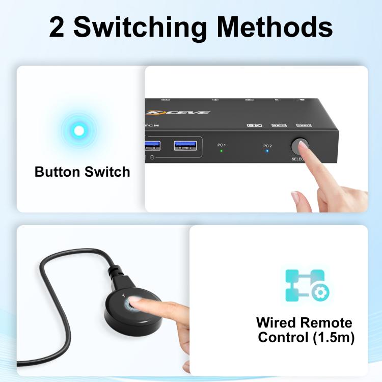KCEVE KC-KVM9201 8K 60Hz HDMI and USB3.0 Monitor KVM Switch, US Plug, EU Plug, UK Plug, AU Plug