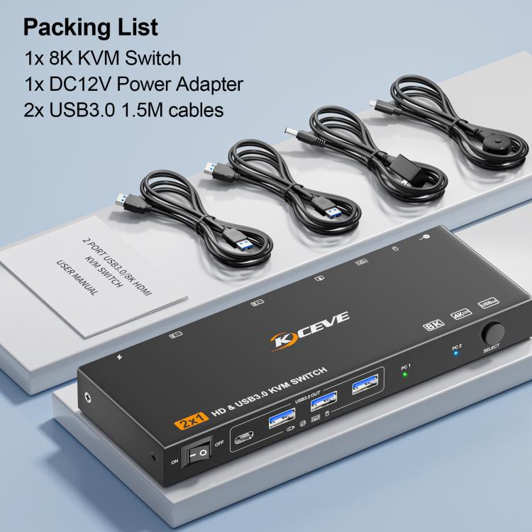 KCEVE KC-KVM9201 8K 60Hz HDMI and USB3.0 Monitor KVM Switch, US Plug, EU Plug, UK Plug, AU Plug