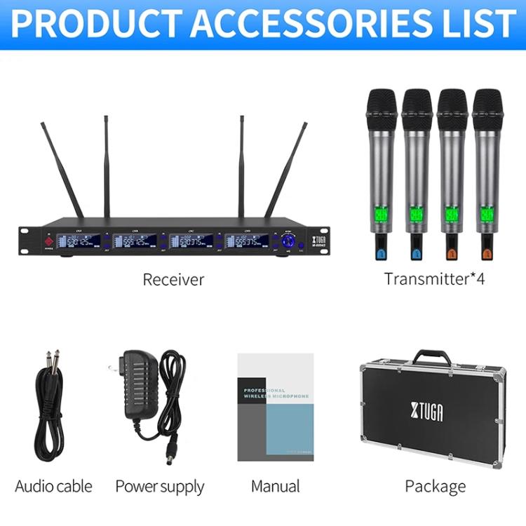 XTUGA M6604S-H Diversity Wireless Microphone System 4 Channel UHF Handheld Microphone, M6604S-H