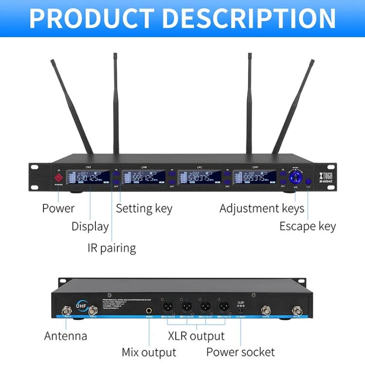 XTUGA M6604S-H Diversity Wireless Microphone System 4 Channel UHF Handheld Microphone, M6604S-H