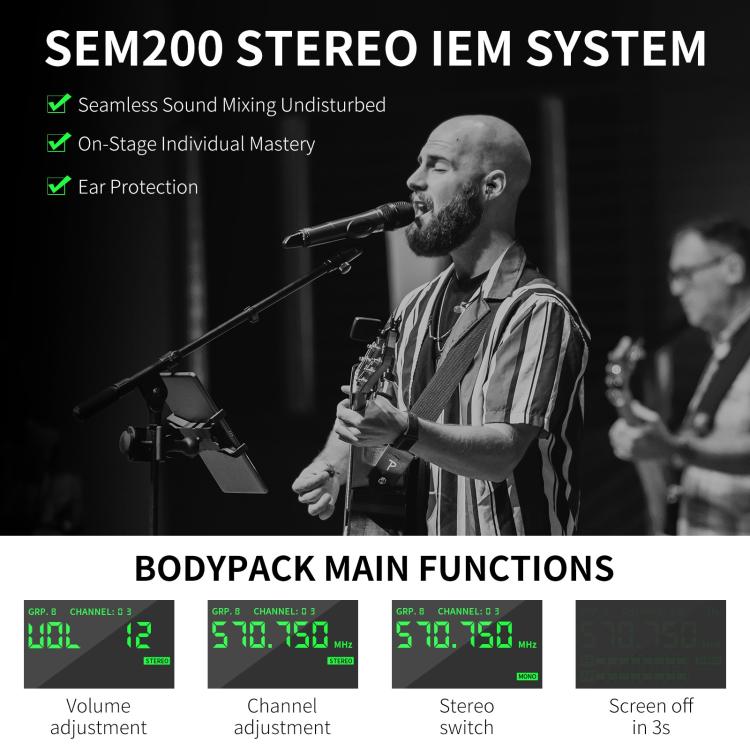 XTUGA SEM200 Wireless Stereo Stage Performance Professional In-ear Monitor System, One BodyPack, 2 BodyPacks + Transmitter, 4 BodyPacks + Transmitter