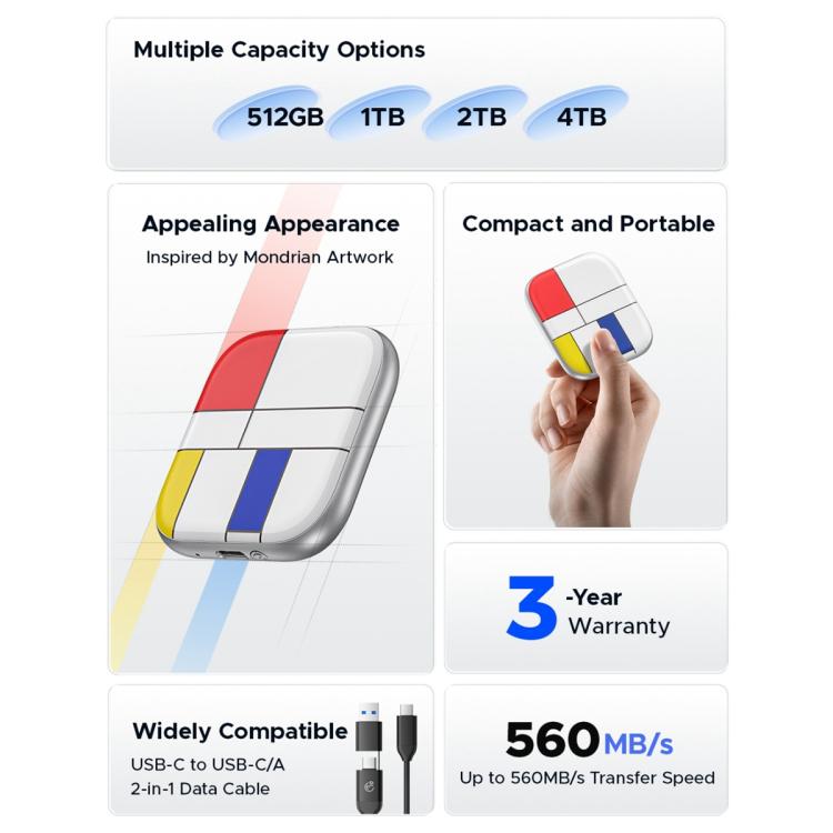 ORICO-H5 2.5 inch Mondrian-Inspired Portable Type-C External SSD, 128GB, 256GB, 512GB, 1TB, 2TB, 4TB