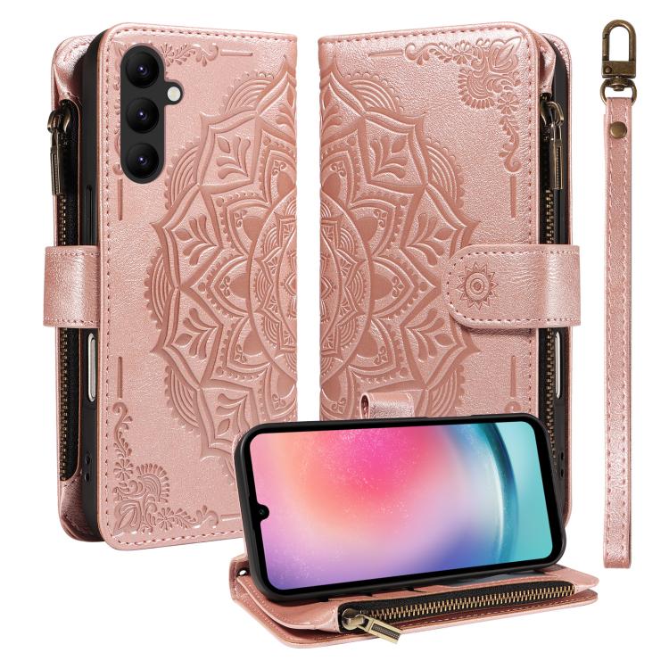 Custodia per telefono in ecopelle vegana con cerniera, protezione RFID e cordino corto, con motivo mandala in rilievo, 9 scomparti per carte e scomparto RFID., For Samsung Galaxy A24 4G, For Samsung Galaxy A34 5G, For Samsung Galaxy A54 5G